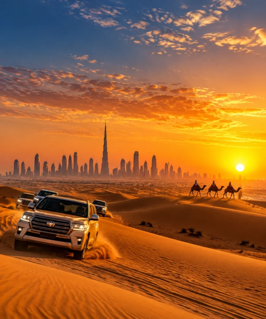 Evening desert safari dune bashing in Dubai with camel caravan and city skyline at sunset