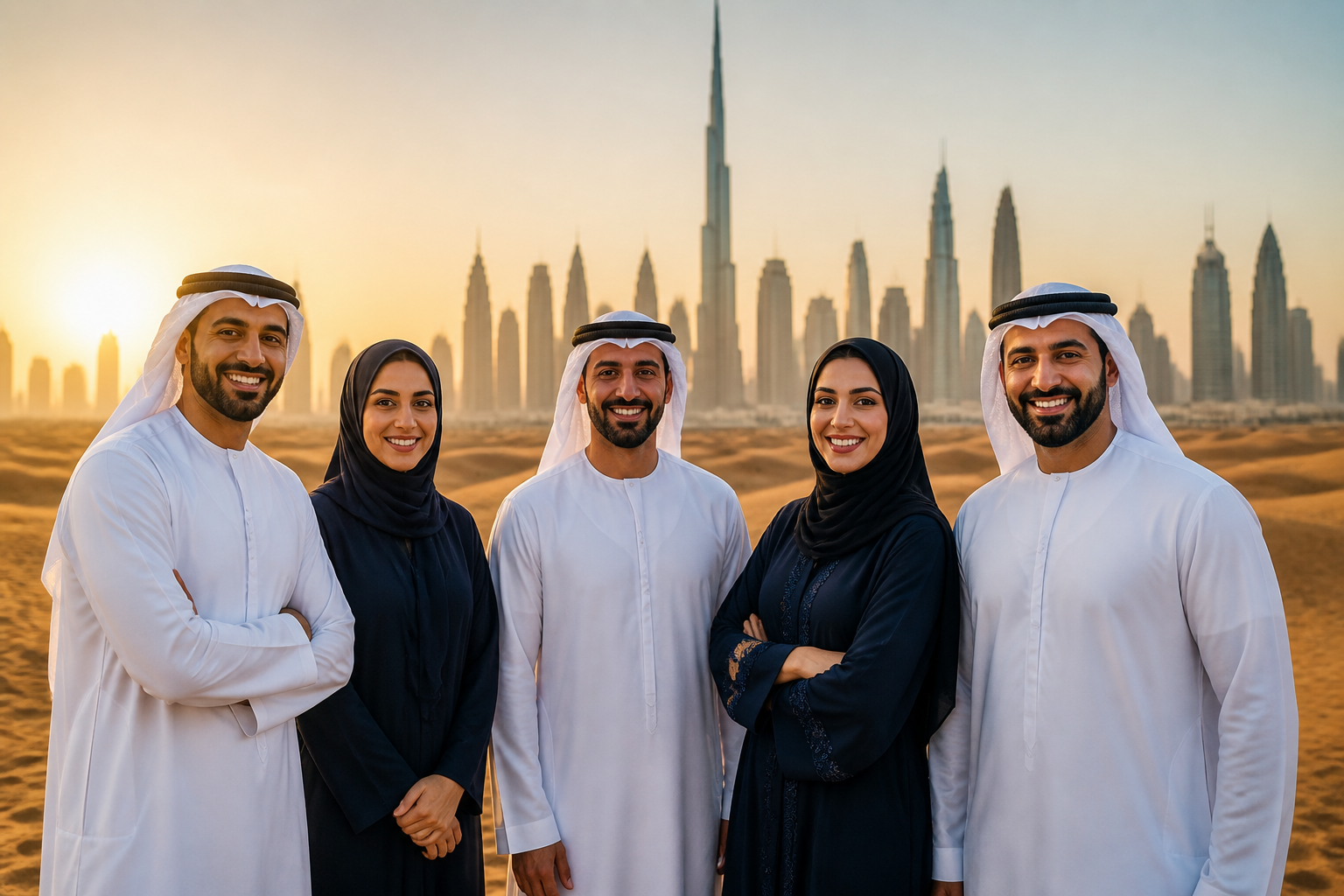 Blue Escape Tours team welcoming travelers with Dubai skyline and desert