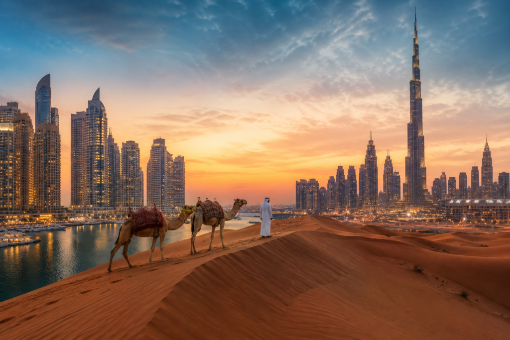 Desert dune with camels overlooking Dubai skyline at sunset