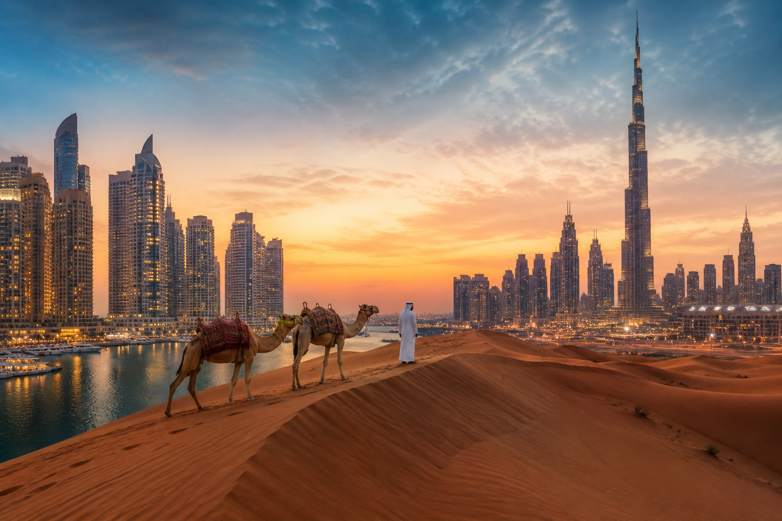 Desert dune with camels overlooking Dubai skyline at sunset
