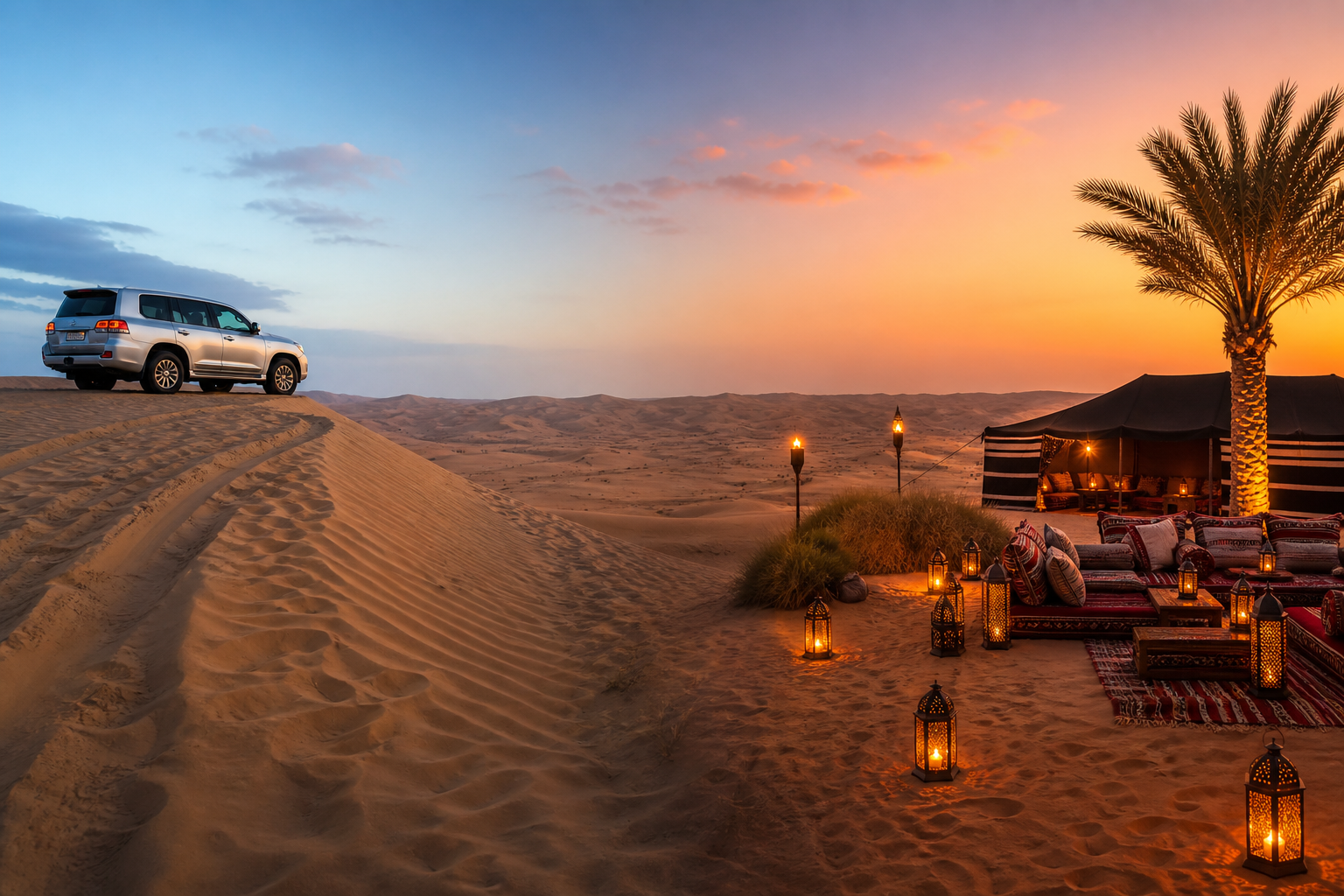 Morning and evening desert safari mood in Dubai dunes