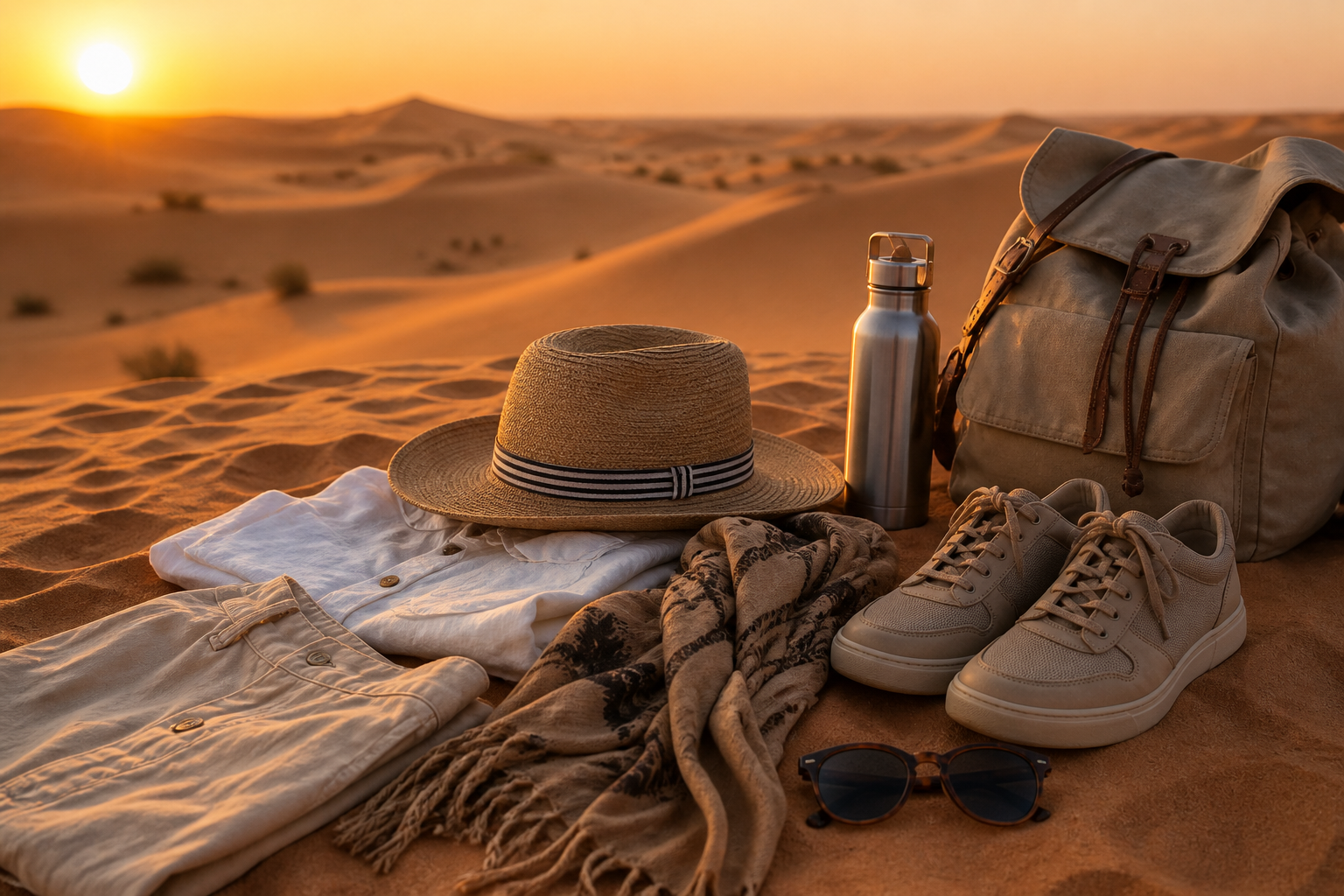 Desert safari packing essentials on sand at sunset