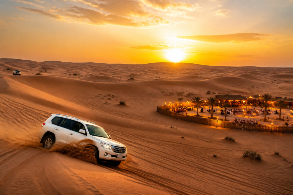 Desert safari Dubai banner with dune bashing and evening camp at sunset