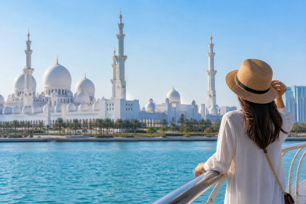 Abu Dhabi day trip view of Sheikh Zayed Grand Mosque