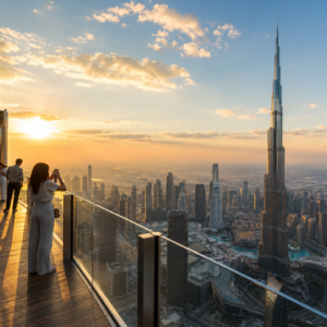 Burj Khalifa At The Top observation deck view over Dubai at sunset