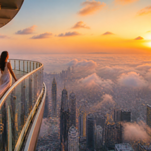 Burj Khalifa SKY terrace view above the clouds at sunrise