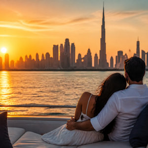 Couple on luxury yacht overlooking Dubai skyline at sunset