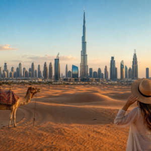 Explorer view of Dubai desert dunes and city skyline