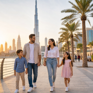 Family enjoying Dubai waterfront with Burj Khalifa at sunset