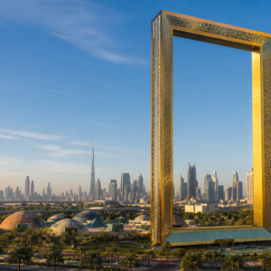 Dubai Frame landmark with city skyline view through the frame