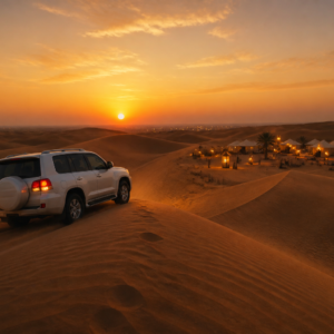 Evening desert safari in Dubai with 4x4 on dunes and camp at sunset