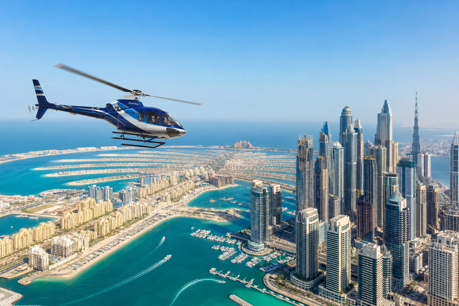Helicopter tour flying over Palm Jumeirah and Dubai Marina
