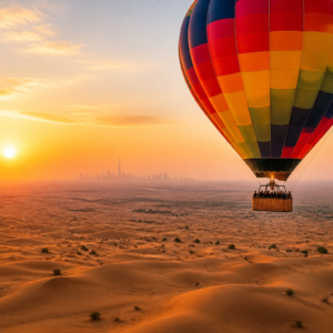 Hot air balloon flying over Dubai desert dunes at sunrise