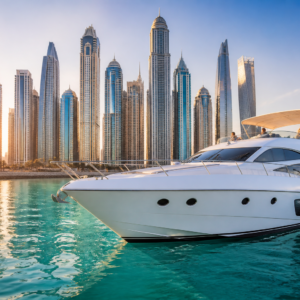 Luxury yacht charter cruising Dubai Marina at golden hour
