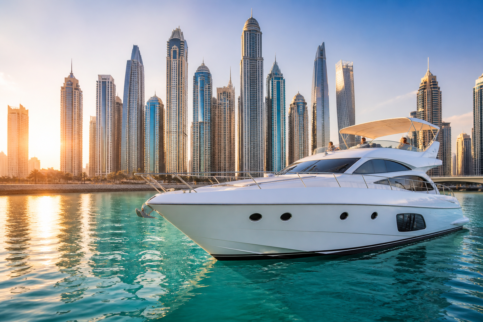 Luxury yacht charter cruising Dubai Marina at golden hour