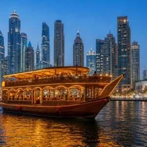 Traditional dhow cruise on Dubai Marina at evening with city lights