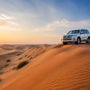 Morning desert safari 4x4 on Dubai sand dunes at sunrise