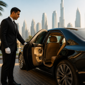 Private chauffeur opening luxury car door in Dubai