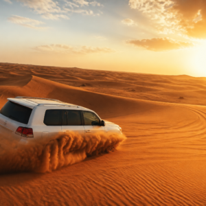 Private desert safari dune bashing in Dubai at golden hour