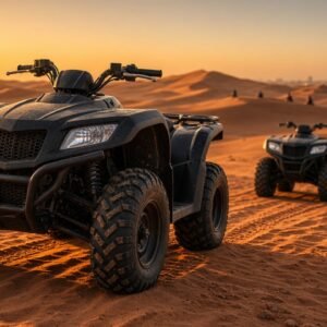 Quad bike desert adventure on Dubai red dunes with rider in safety gear