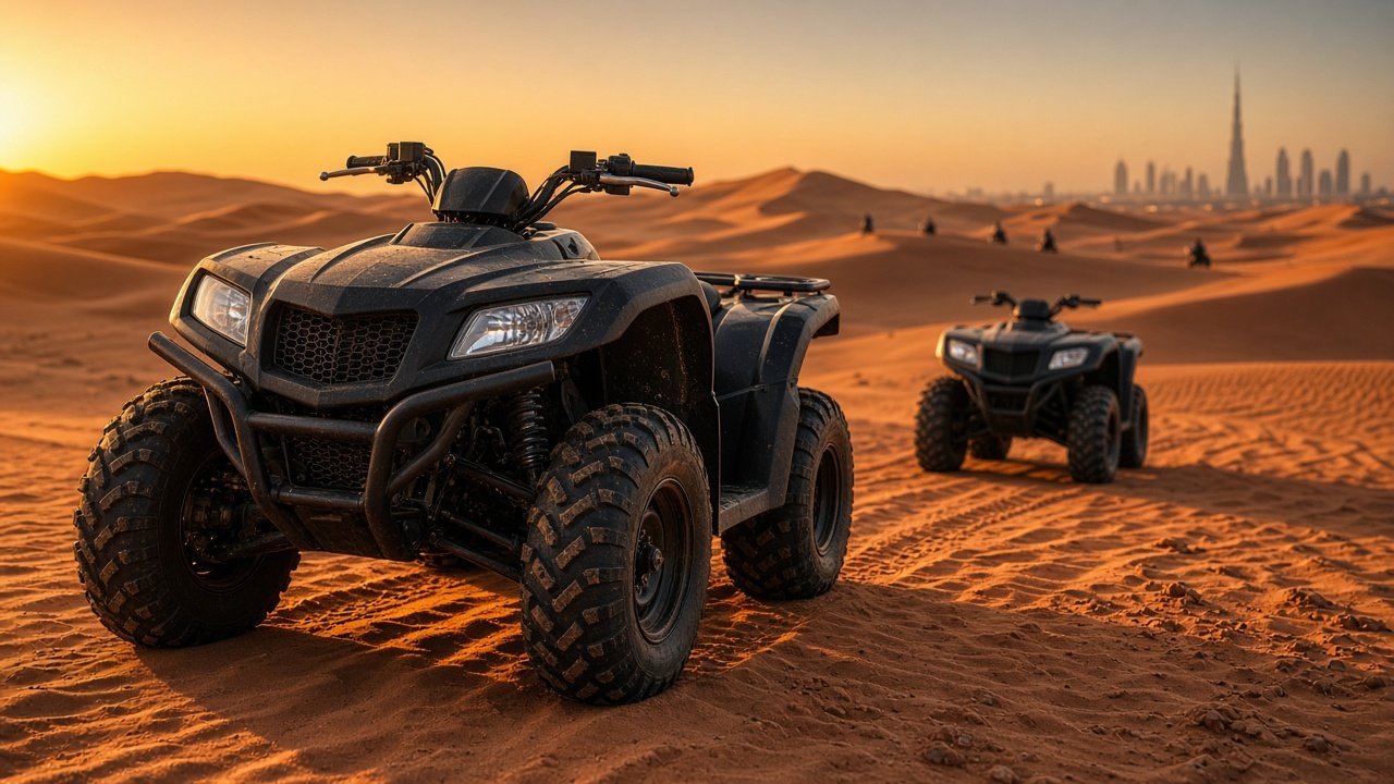 Quad bike desert adventure on Dubai red dunes with rider in safety gear