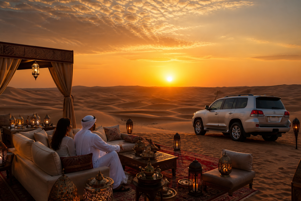 VIP desert safari luxury camp and SUV at sunset in Dubai