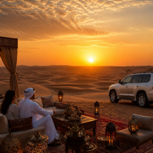 VIP desert safari luxury camp and SUV at sunset in Dubai
