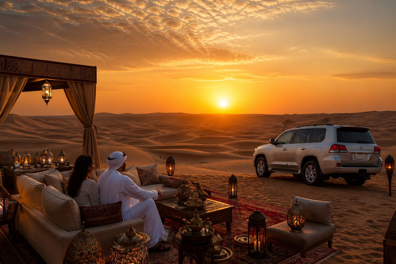 VIP desert safari luxury camp and SUV at sunset in Dubai